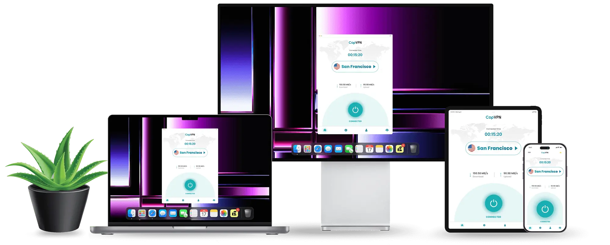 The CopVPN app is available for all devices. This image shows a computer, laptop, tablet, and mobile phone screen connected to the CopVPN San Francisco server.